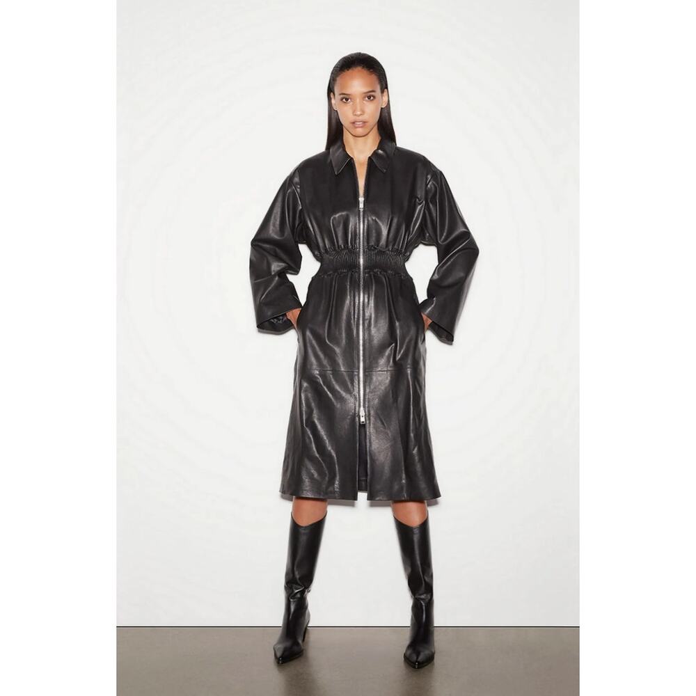 FRAME Pintucked Leather Dress Coat in Noir Black Zip Front Size‎ S $2798